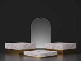 3d rendering mockup of white marble with gold pedestal steps and arch entrance on dark background. photo