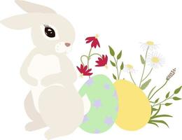 imágenes prediseñadas de Pascua, dibujo vectorial. lindos conejos de pascua, canasta, huevos de pascua, flores y hierbas vector