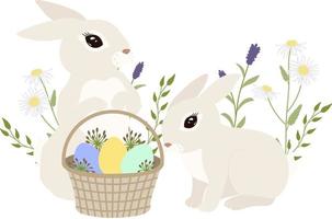 imágenes prediseñadas de Pascua, dibujo vectorial. lindos conejos de pascua, canasta, huevos de pascua, flores y hierbas vector