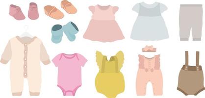 Newborn baby boy and girl clothes cartoon illustration set. cute colorful pants, bodysuit, dresses, jumpsuit, suits, for kids, isolated on white background. vector