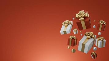 3D Christmas and New Year greeting, banner with red gift boxes presents - 3D rendering. photo