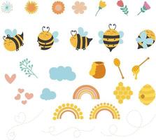 Beekeeping. Apiculture products various honey in glass jars. Honeycomb, beeswax, beehive, flowers and bees organic food vector set. Illustration honey and beekeeping, bee and sweet organic
