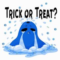 pegatinas de halloween monstruo de dibujos animados azul llorando con piruletas. aislado sobre fondo blanco. vector