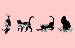 Collection of Floral Cat Black and White Illustrations Vector