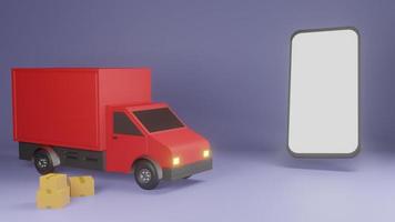 paquete de compras y entrega en línea. montón de cajas y camioneta roja sobre fondo morado. renderizado 3d foto