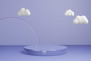 Fondo de maqueta de estudio renderizado en 3D para la presentación del producto, con formas circulares, podio en el suelo con nube. colores morados mínimos. foto
