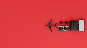 White screen mobile mockup with airplane, camera, luggage, and sunglasses over red background travel concept. 3d rendering photo