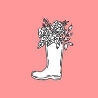 Illustrations of Boots with Flower Black and White Vector