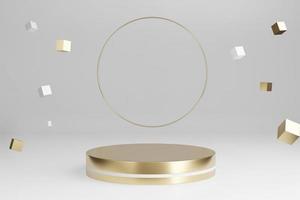 3d render mockup golden platform with round shining rings and falling gold decoration box with empty space for product show. photo