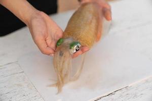 preparación de calamar crudo en tabla de cortar. foto