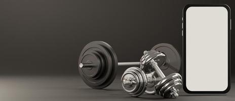 White screen mobile mockup with sport fitness equipment, dumbbells and barbell on black background. 3D rendering. photo