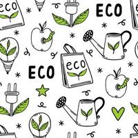 Eco doodles seamless vector pattern. Symbols of environmental care - bioenergy, organic food. Go green, zero waste. Bio power, natural product. Background for wallpapers, posters, wrapping