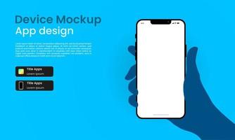 Modern hand-holding smartphone on blue background. Smartphone device mockup for UI UX app presentation. Vector Illustration