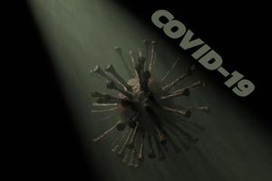 3D rendered Corona virus or Covid-19 with text on white background. photo