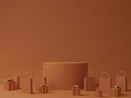 Minimal orange background with podium, gift box and shopping bag for product. 3D rendering. photo