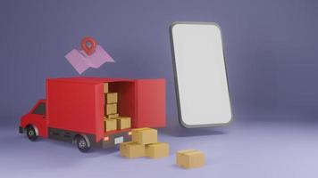 paquete de compras y entrega en línea. montón de cajas y camioneta roja sobre fondo morado. renderizado 3d foto