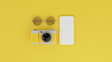 White screen mobile mockup, camera and sunglasses over yellow background travel concept. 3d rendering photo