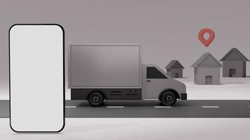 The truck with white screen mobile phone mockup, over grey background order delivery. Online tracking. 3D rendering. photo