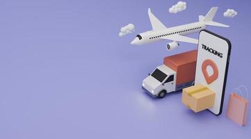 Delivery service concept. Delivery van, airplane shipping cargo, shopping bag and brown box shipping fast from mobile screen. 3D rendering. photo