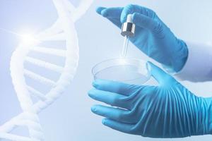 Scientist hand holding a petri dish with DNA, scientific background. 3d rendering. photo