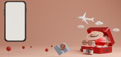 White screen mobile mockup with airplane, camera, suitcase, inflatable swimming rubber rings, map and sunglasses over pink background travel concept. 3d rendering photo