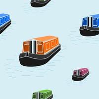 Editable Flat Three-Quarter Top Front Side Oblique View Canal Boat on Water Vector Illustration Seamless Pattern for Creating Background of Transportation or Recreation of United Kingdom or Europe