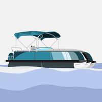 Editable Semi-Oblique Side View Detailed Pontoon Boat on Wavy Water Vector Illustration in Flat Style for Transportation or Recreation Related Design