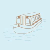 Editable Three-Quarter Top Front Side Oblique View Floating Canal Boat on Water Vector Illustration in Outline Style for Transportation or Recreation of United Kingdom or Europe Related Artwork