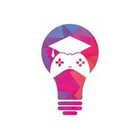 juego educación bulbo forma concepto vector logo diseño. consola de juegos con diseño de icono de gorra de graduación.