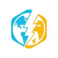 Globe and thunder vector logo icon template. Thunder world vector logo template.