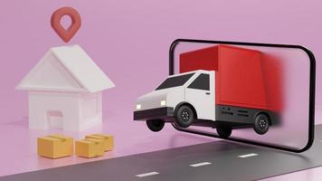 The red truck on the mobile phone screen, over pink background order delivery. Online tracking. 3D rendering. photo