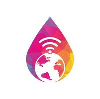 icono de diseño de logotipo de concepto de forma de gota wifi de globo. plantilla de logotipo de vector de señal mundial.