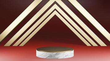 Mockup white marble and gold cylinder shape pedestal with gold decoration on red background, 3d rendering photo