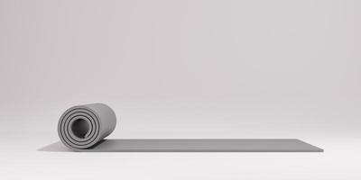 Sport fitness equipment, grey color yoga mat over white color background, 3D rendering. photo