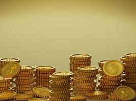 Stacks of golden coins on gold yellow background. 3D photo