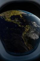 Earth view from spaceship window. 3D render photo