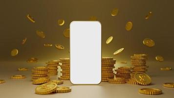 Stack of golden coins with white screen mobile mockup over gold background. 3D rendering. photo