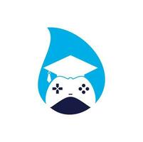 juego educación gota forma concepto vector logo diseño. consola de juegos con diseño de icono de gorra de graduación.