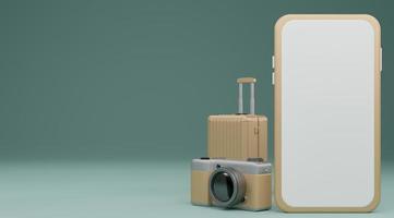 White screen mobile mockup with camera and luggage over pastel blue background travel concept. 3d rendering photo