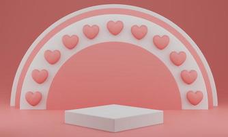 Valentine's Day podium or product stand with hearts symbol of love on pastel pink background with copy space. 3d rendering. photo