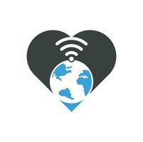 icono de diseño de logotipo de concepto de forma de corazón wifi de globo. plantilla de logotipo de vector de señal mundial.