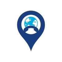 Call and globe map pin shape concept icon. Globe with handset vector logo icon.