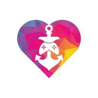 plantilla de logotipo de concepto de forma de corazón de ancla de juego. logotipo de joystick y ancla. icono de joystick y ancla. vector