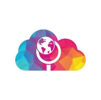 Globe search cloud shape concept logo vector icon. world and loupe logo combination. Unique globe and search logotype design template.