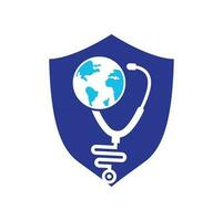 Globe sign and stethoscope doctor vector logo. Stethoscope globe logo design vector. World Medical Logo Template Design.