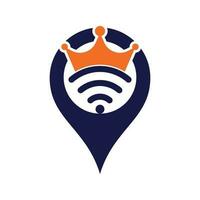 King Wifi map pin shape concept Logo template Vector. Crown and wifi vector logo template.