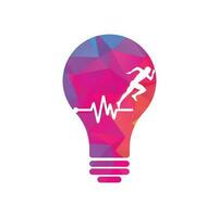 vector de icono de diseño de logotipo de concepto de forma de bulbo de maratón de pulso. diseño del logotipo de cuidado de la salud corporal. hombre corriendo con el icono del latido del corazón del ecg de línea.