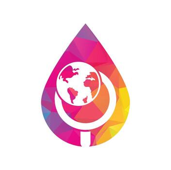 Globe search drop shape concept logo vector icon. world and loupe logo combination. Unique globe and search logotype design template.