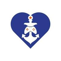 plantilla de logotipo de concepto de forma de corazón de ancla de juego. logotipo de joystick y ancla. icono de joystick y ancla. vector