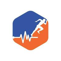 vector de icono de diseño de logotipo de maratón de pulso. diseño del logotipo de cuidado de la salud corporal. hombre corriendo con el icono del latido del corazón del ecg de línea.